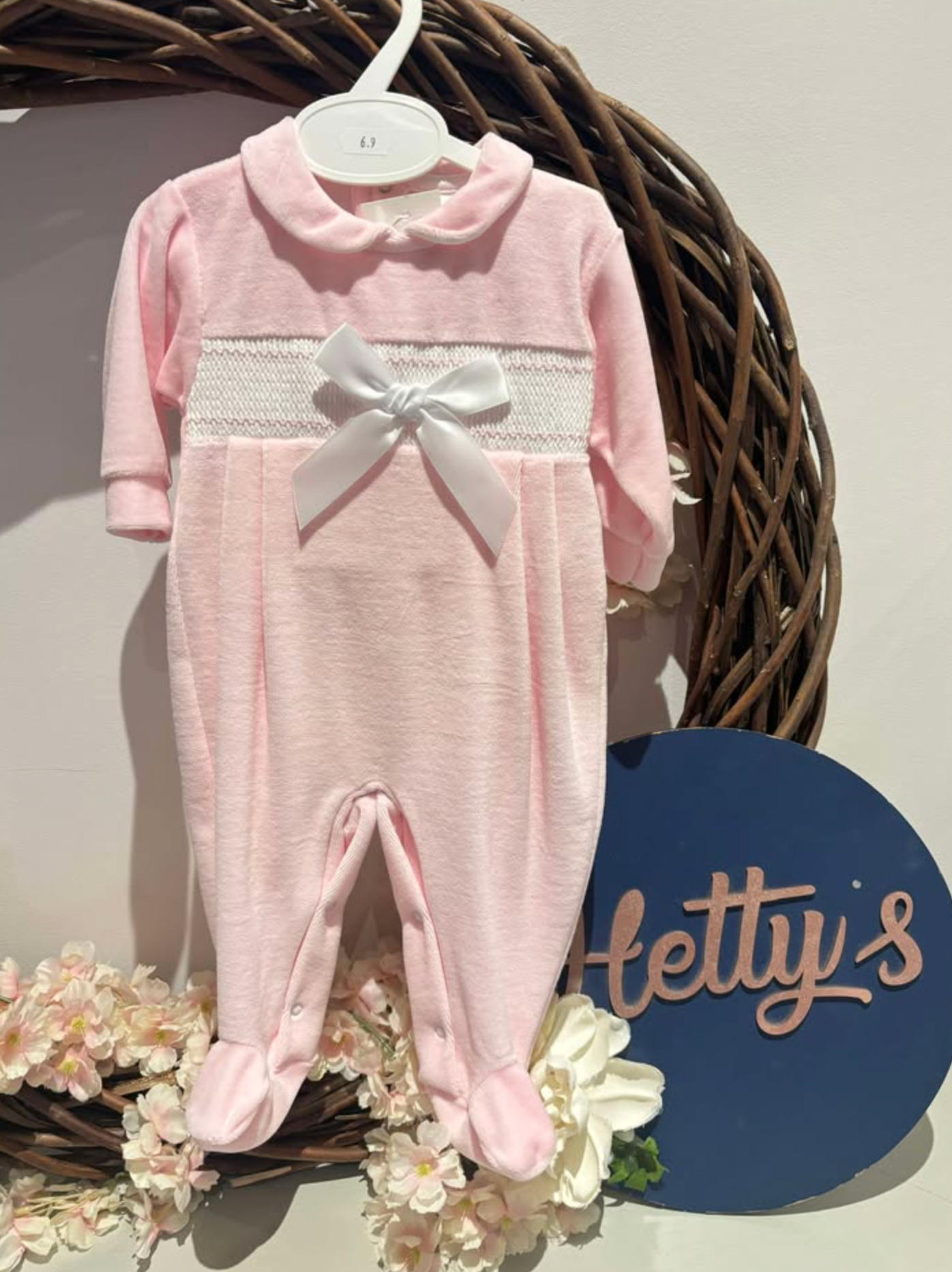 Pink Velour White Bow Babygrow