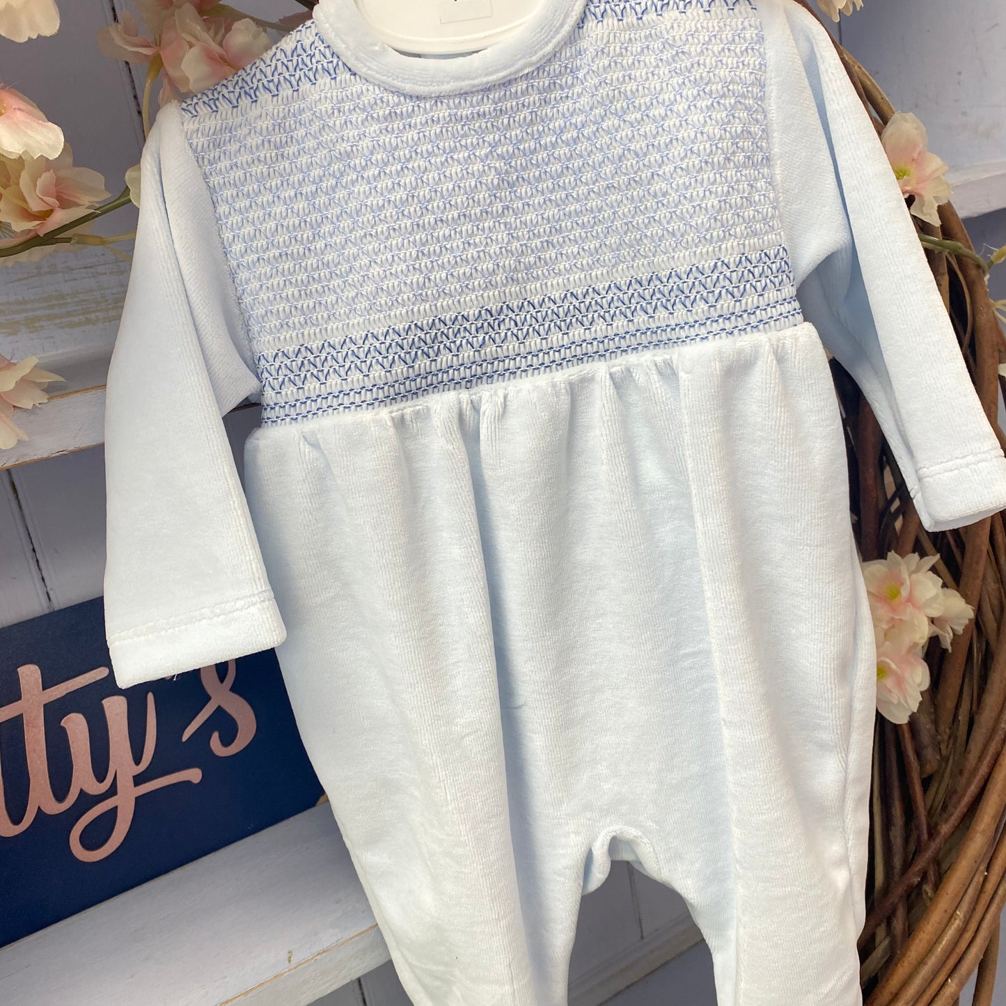 LN Blue Velour Smocked Sleepsuit