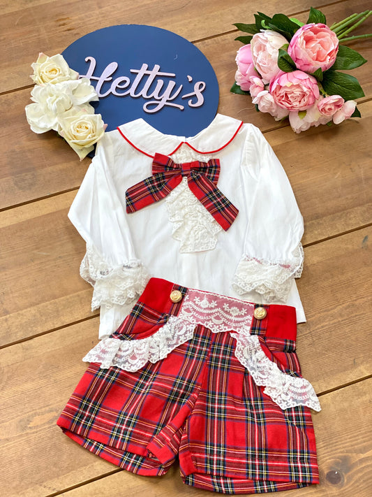 8/9Y & 6/7Y only ** “Nia” Lace Detailed Shirt & Tartan Short Set