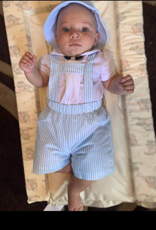 “Marley” Blue and Camel Stripe Dungaree Short Sets