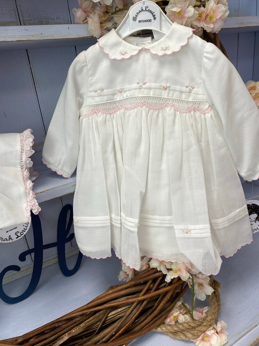 Sarah Louise Ivory & Pink Smock Dress with Bonnet