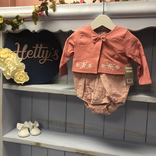 Coral Stripe Romper with Daisy Bolero Set - Hetty's Baby Boutique