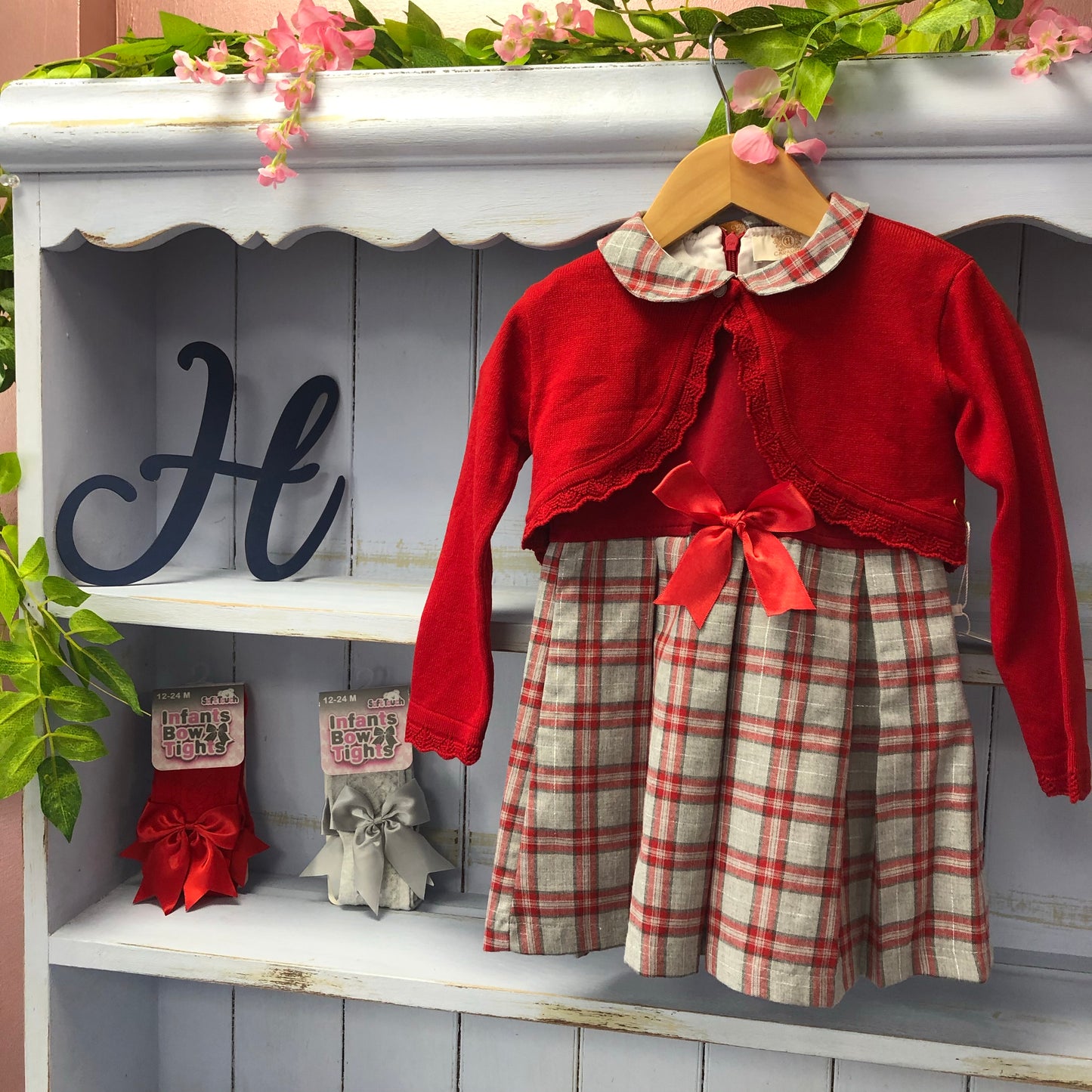“Gala” Grey & Red Check Dress with Bolero Cardigan - Hetty's Baby Boutique